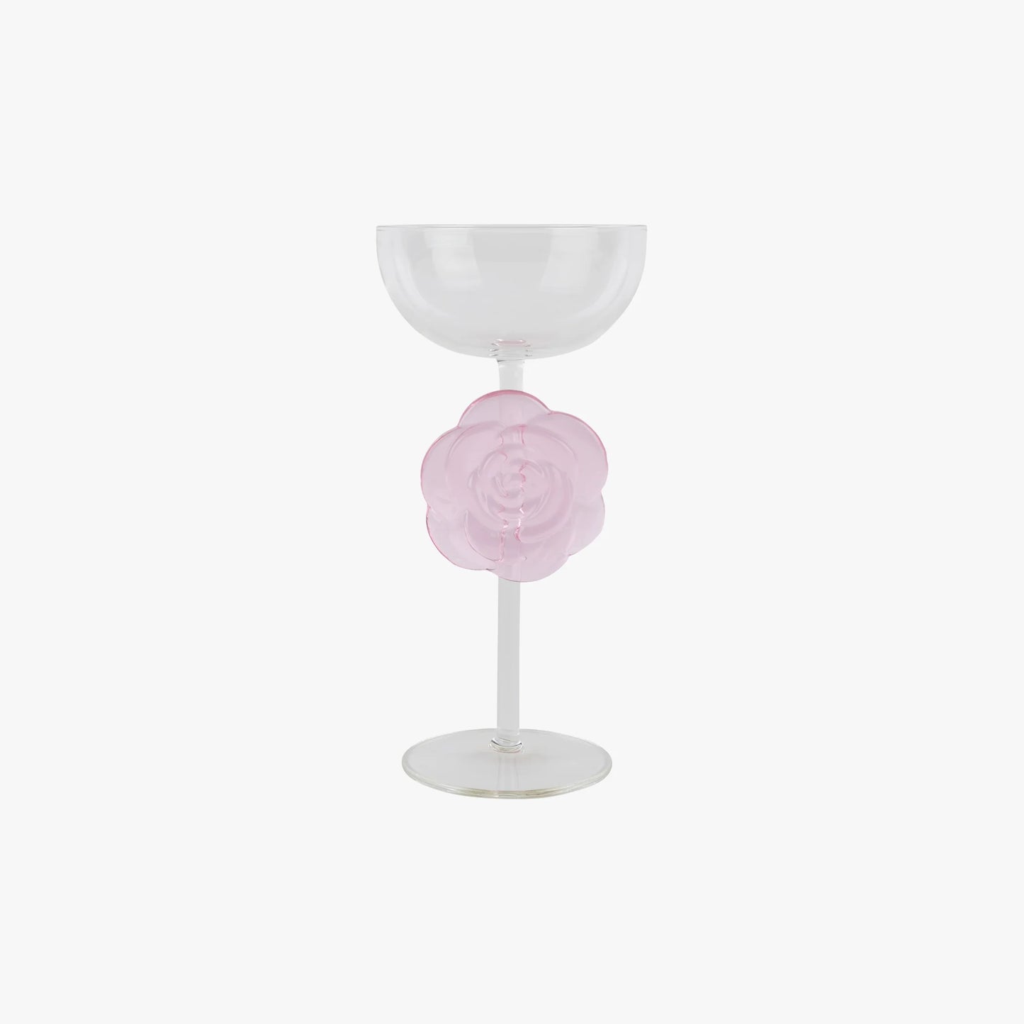 Wine glass with a pink rose design on a white background