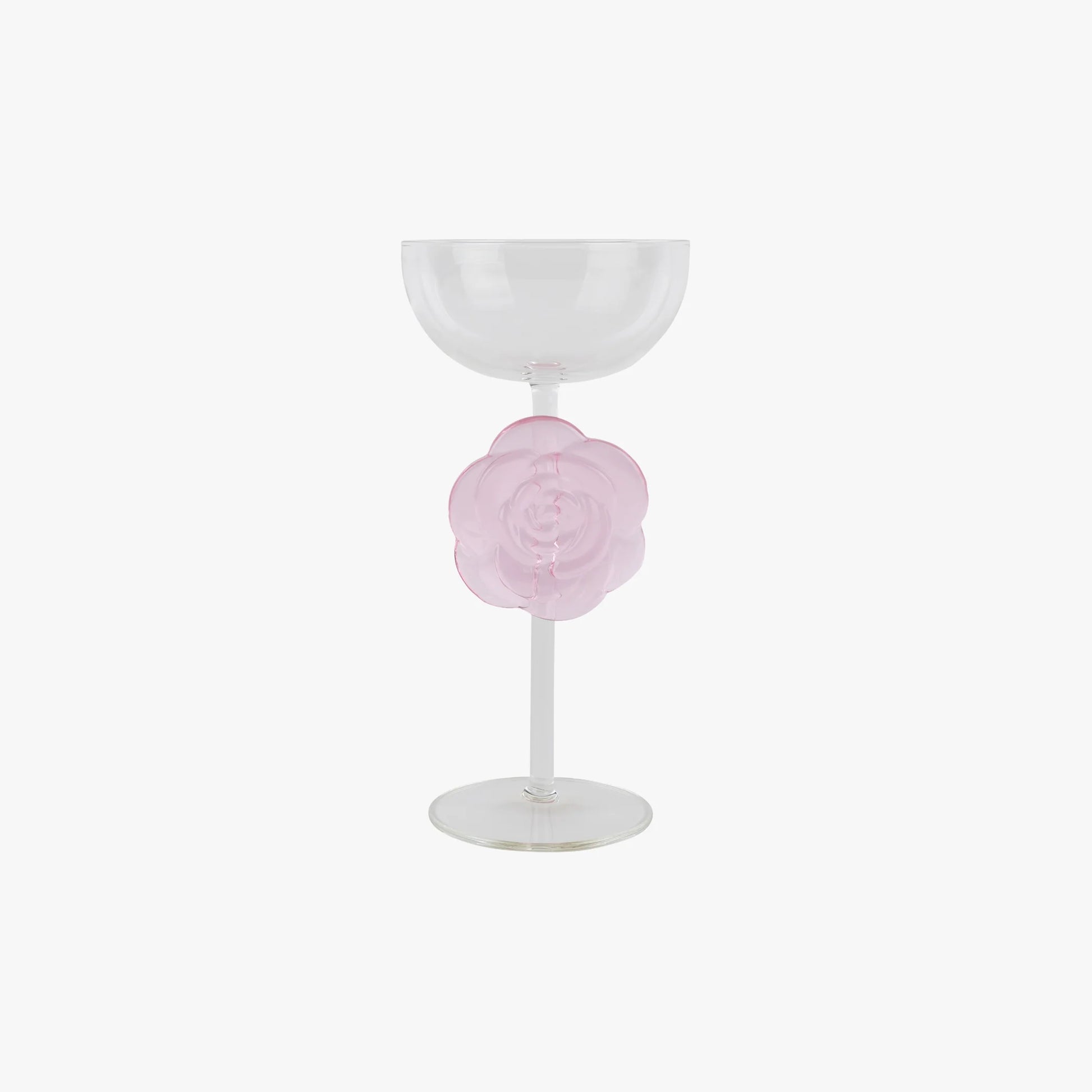 Wine glass with a pink rose design on a white background