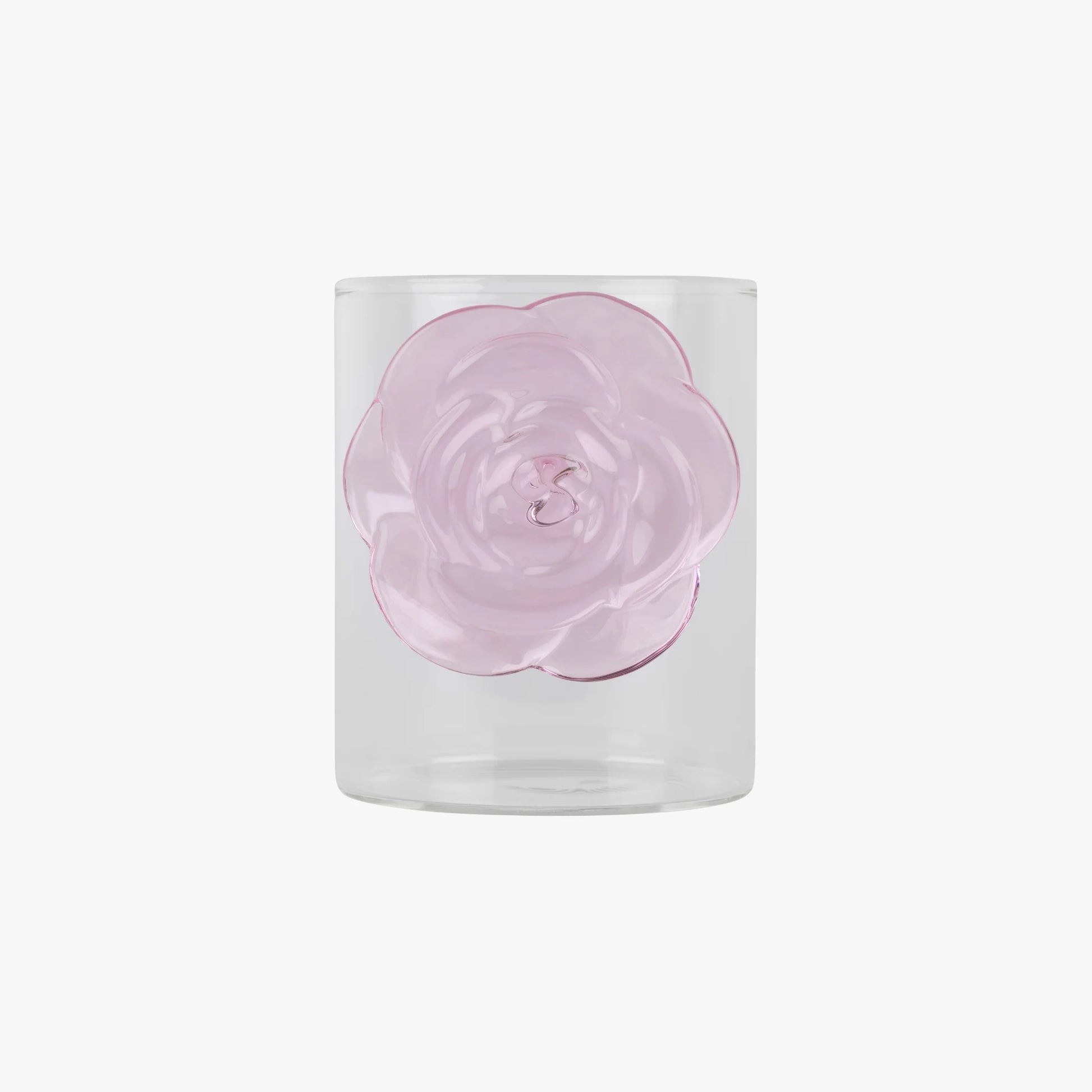 Clear candle holder with a pink flower design on a white background