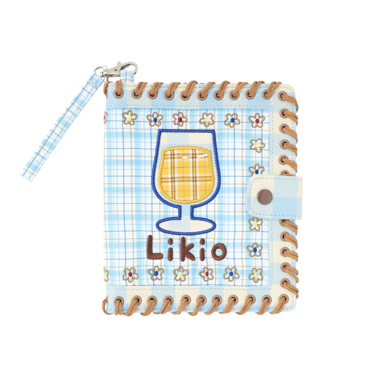 A small zippered pouch or notebook-style wallet with a light blue plaid cover, stitched brown edges, a blue-and-white wrist strap, and a central illustration of a glass of beer with the word 'Likio' below it.