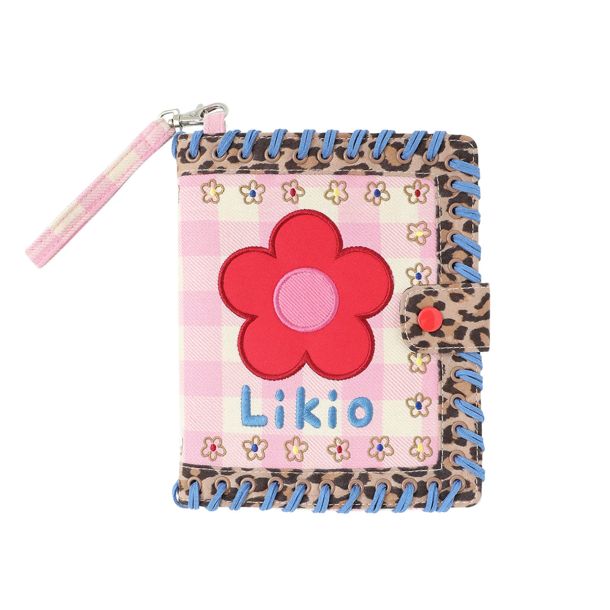 Passport holder with a red flower and leopard print details on a white background