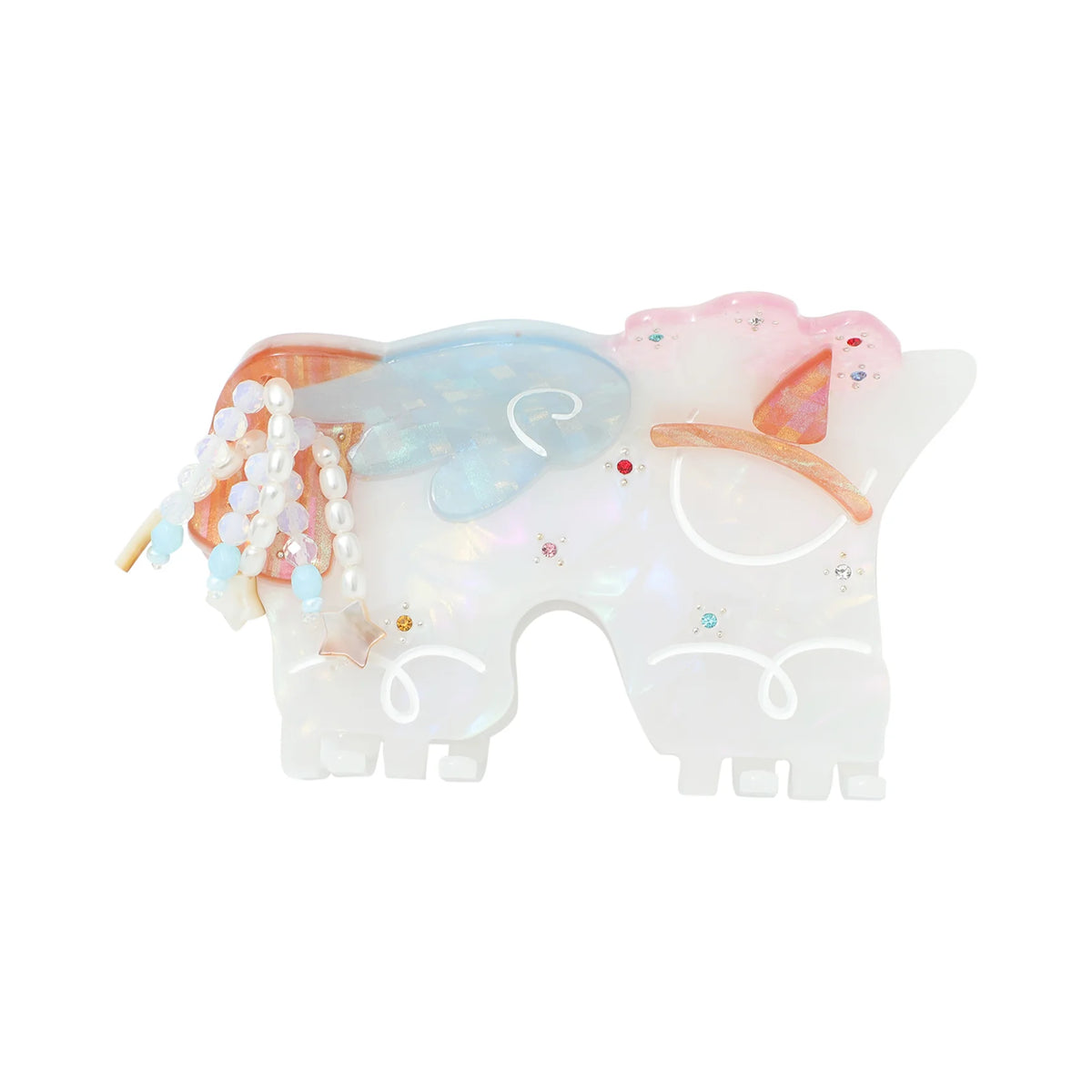 A translucent acrylic hair claw clip shaped like a pony, decorated with pastel blue and pink iridescent details, white faux pearls, and small rhinestones on a plain white background.