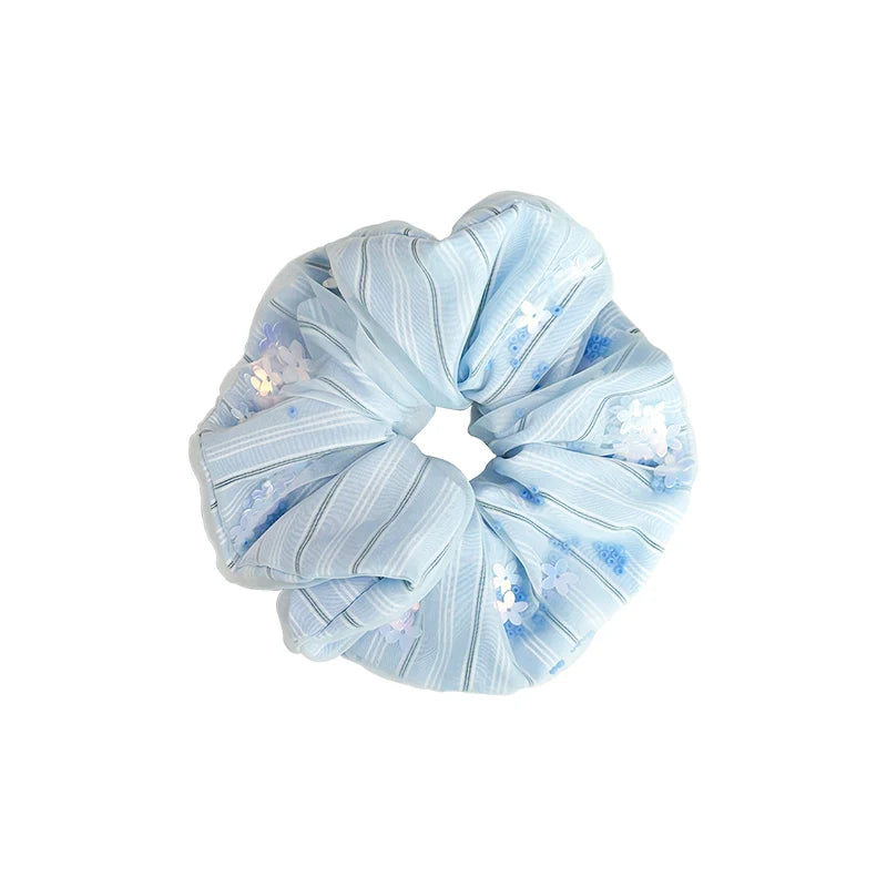 Likio Petite Floral Sequin Tulle Scrunchie in Baby Blue colour on a white background 