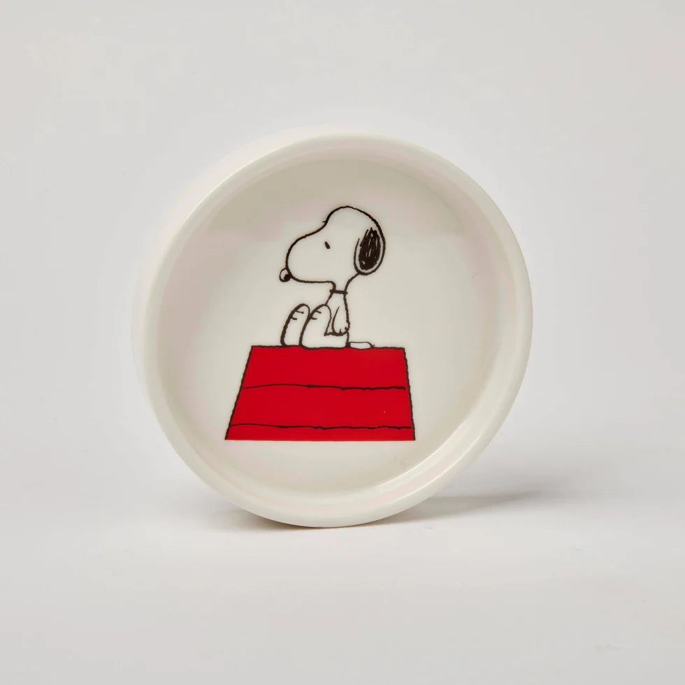Ceramic bowl with a cartoon dog on a red platform design on a white background