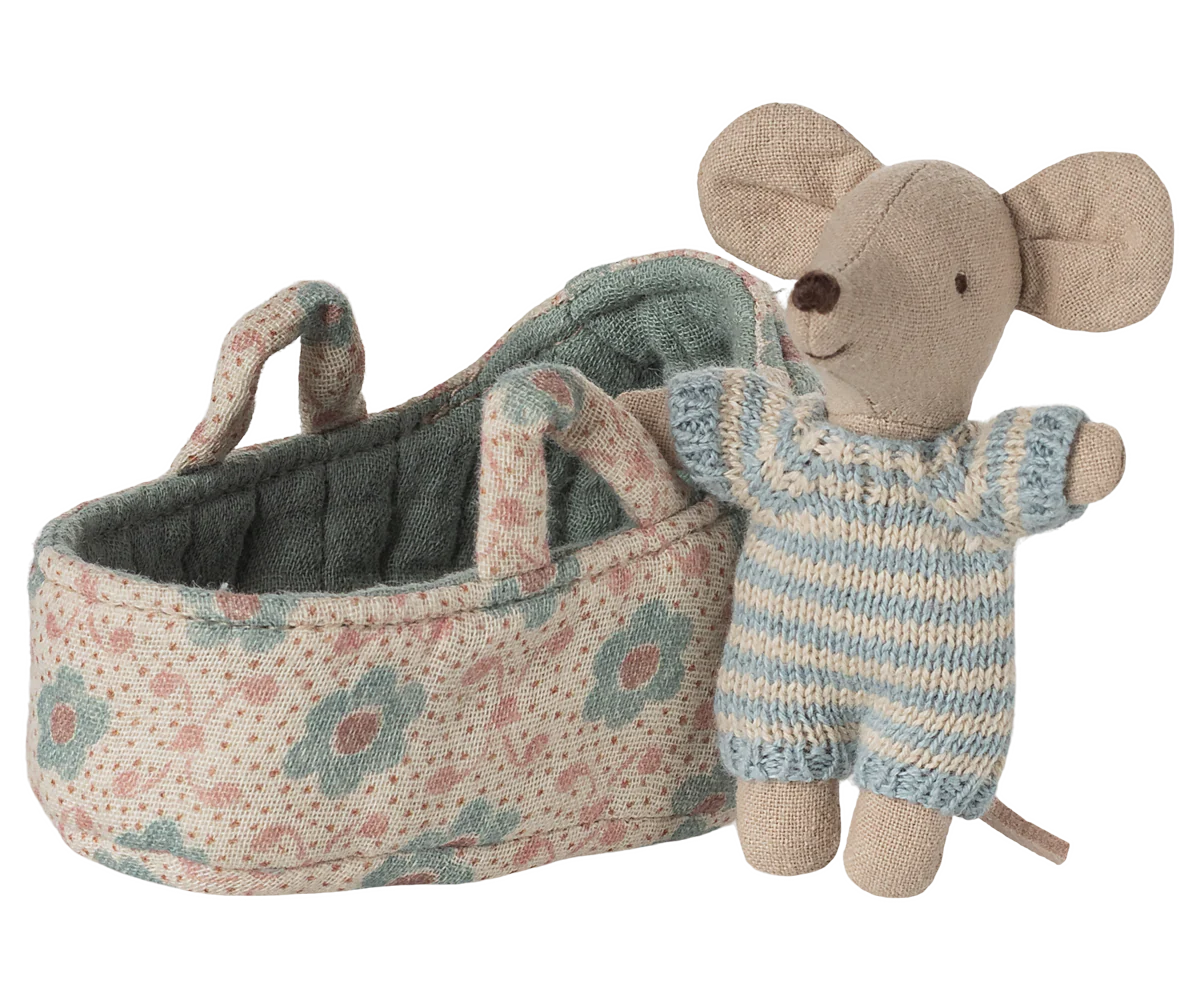Maileg Baby Mouse in Carry Cot in Blue