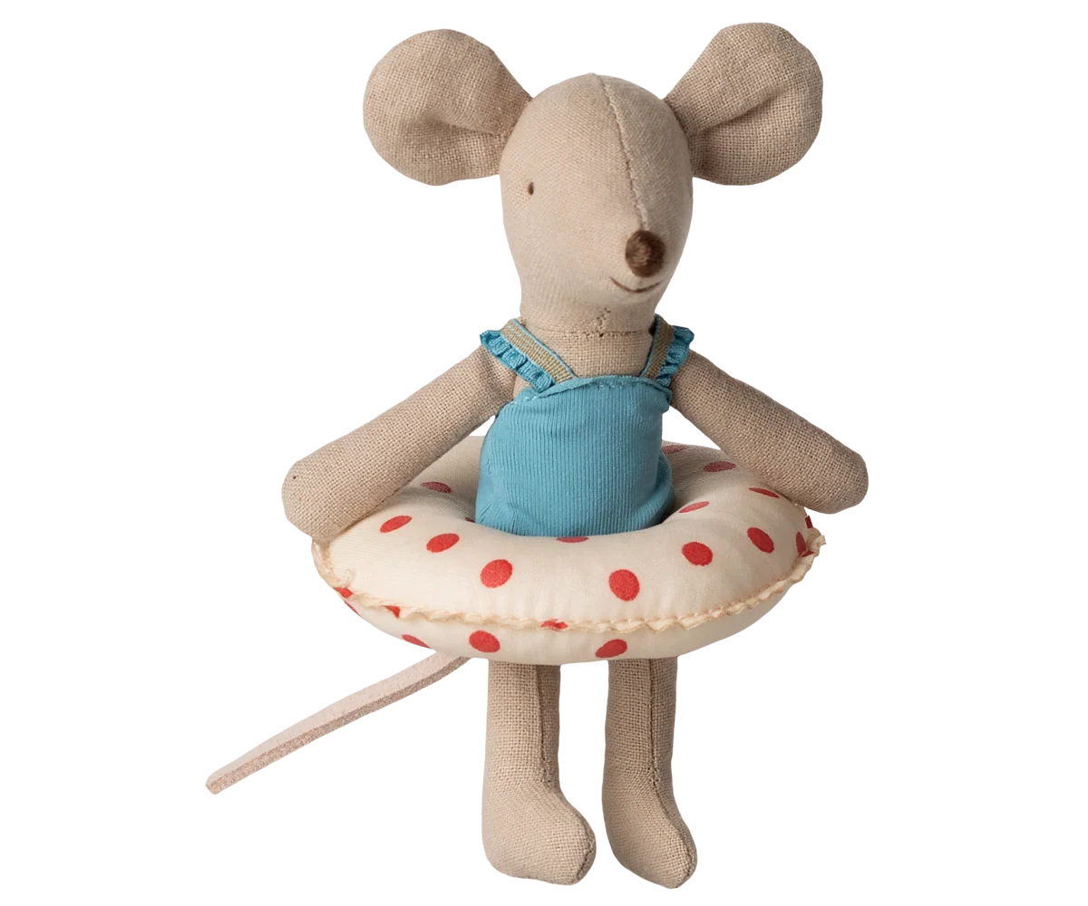Stuffed mouse toy with a blue swimsuit and life preserver on a white background