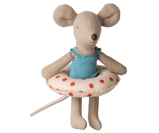 Stuffed mouse toy with a blue swimsuit and life preserver on a white background