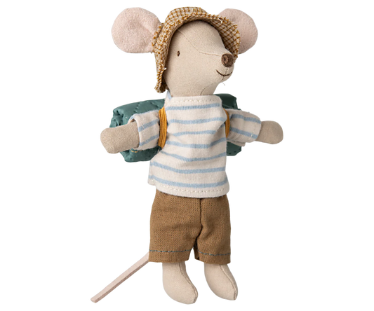 Toy mouse dressed in a striped shirt, shorts, and hat on a white background