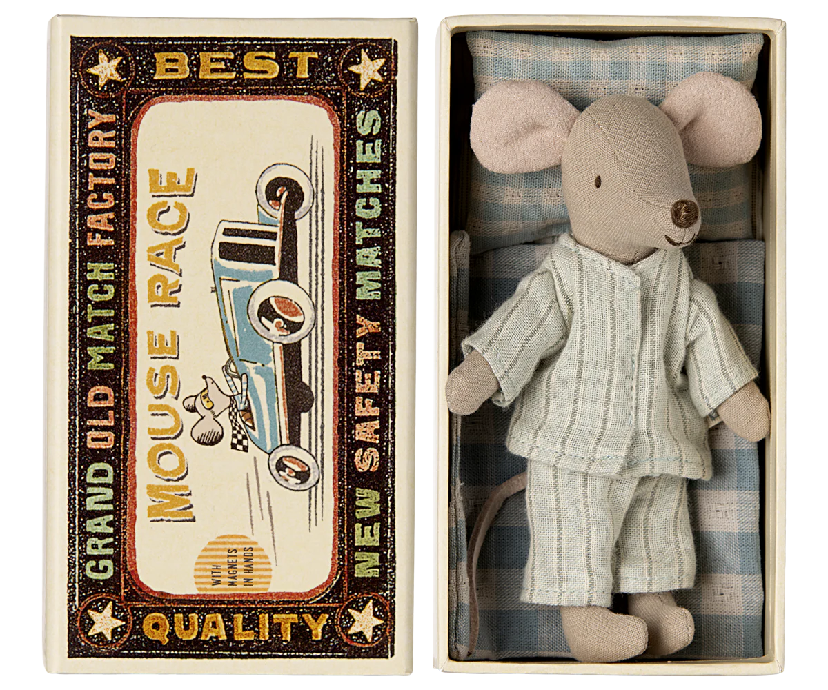 Stuffed mouse toy in a matchbox with a vintage-style label.