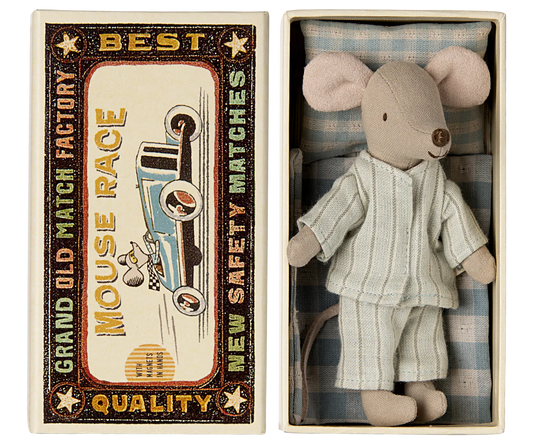 Stuffed mouse toy in a matchbox with a vintage-style label.