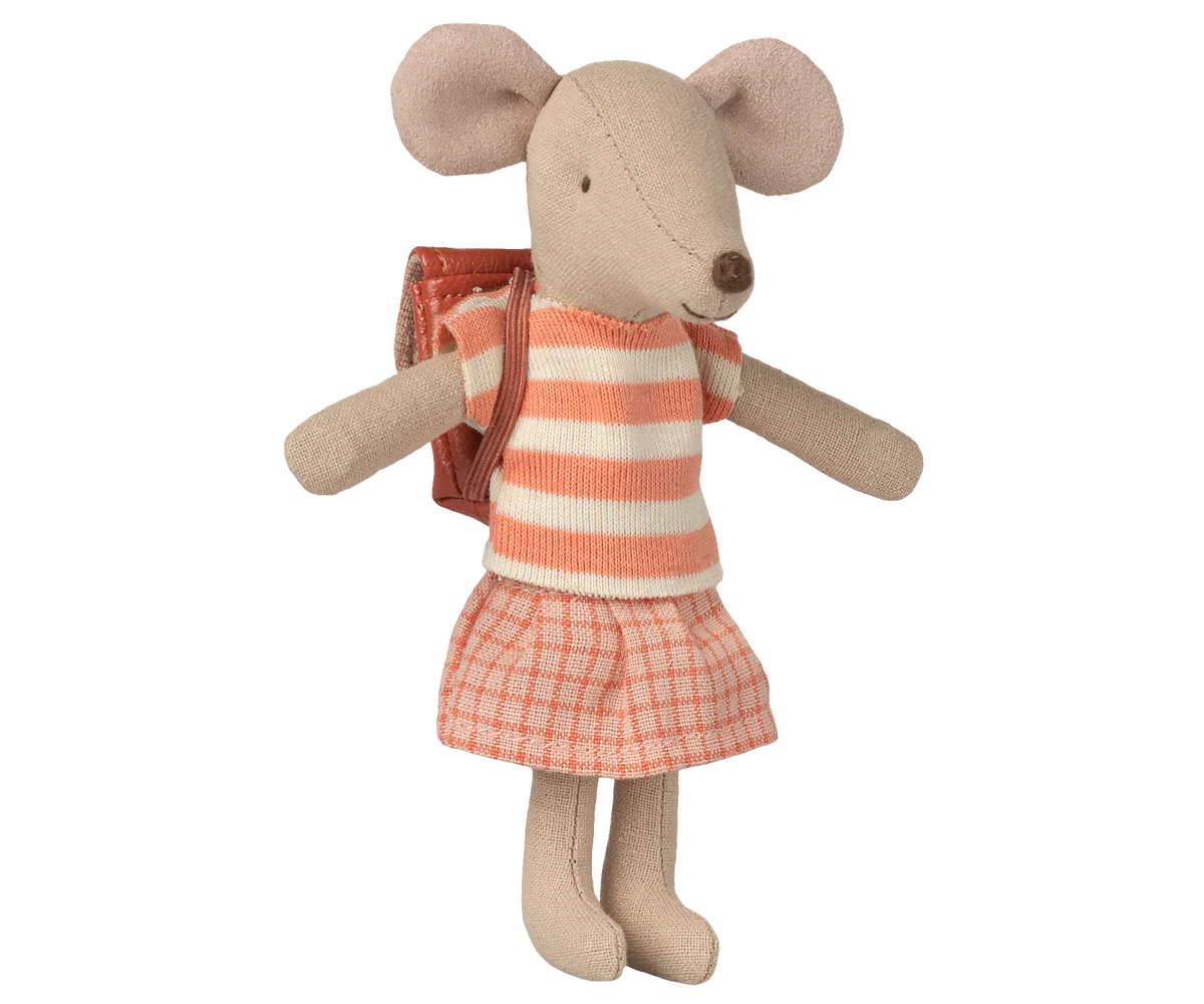 Stuffed mouse toy wearing a striped shirt and checkered skirt on a white background