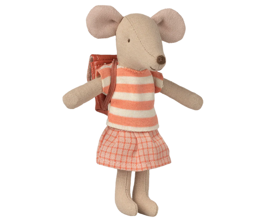 Stuffed mouse toy wearing a striped shirt and checkered skirt on a white background