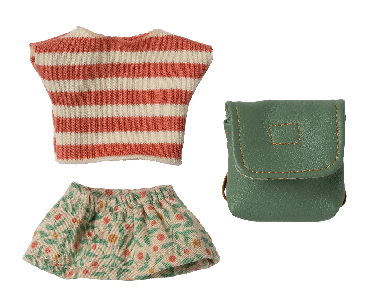 Maileg Mouse Striped top. Floral skirt and a green backpack accessories on a white background 