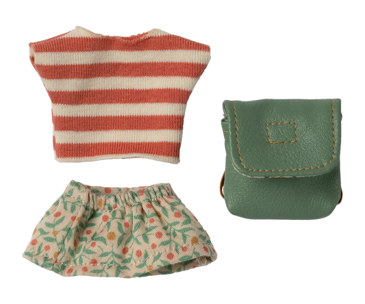 Maileg Mouse Striped top. Floral skirt and a green backpack accessories on a white background 