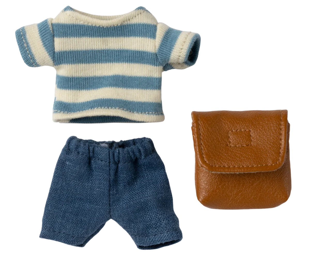 Knitted blue and white striped shirt, blue shorts, and brown leather pouch on a white background