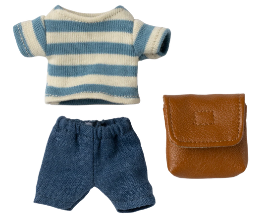 Knitted blue and white striped shirt, blue shorts, and brown leather pouch on a white background
