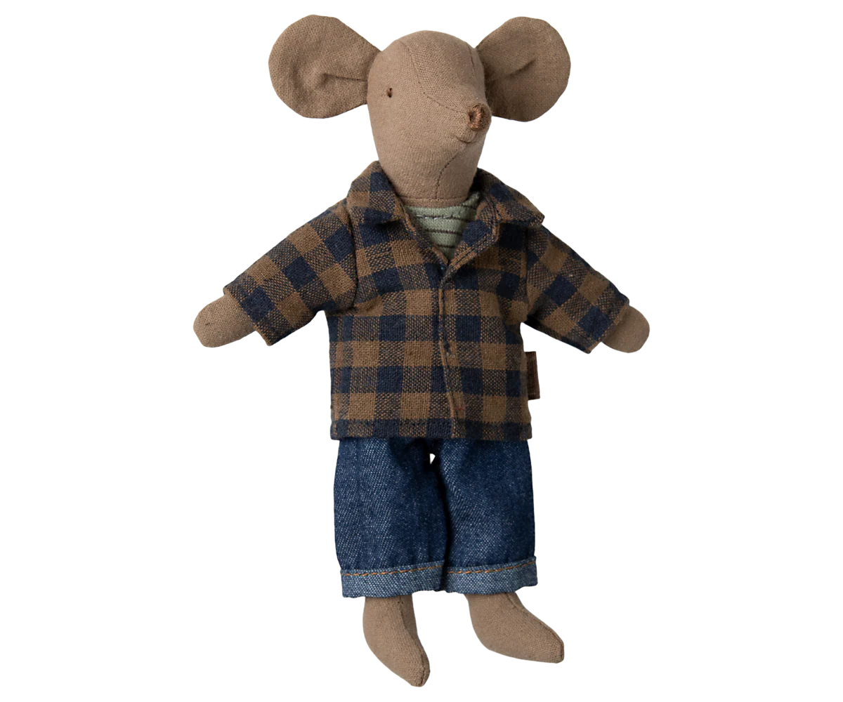 Stuffed toy mouse wearing a plaid coat and blue pants on a white background
