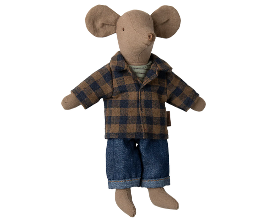 Stuffed toy mouse wearing a plaid coat and blue pants on a white background