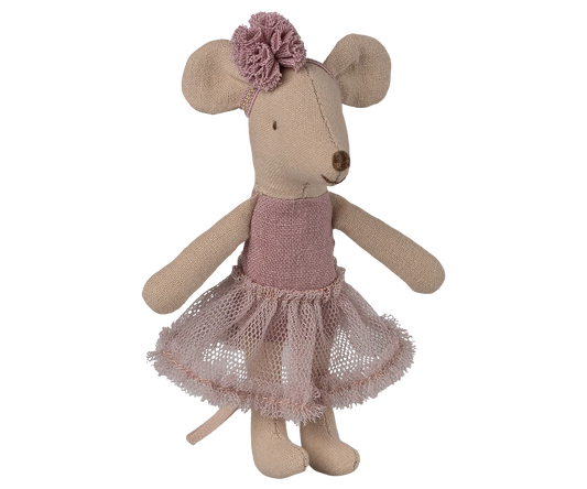 Stuffed mouse toy with a pink dress and flower headband on a white background