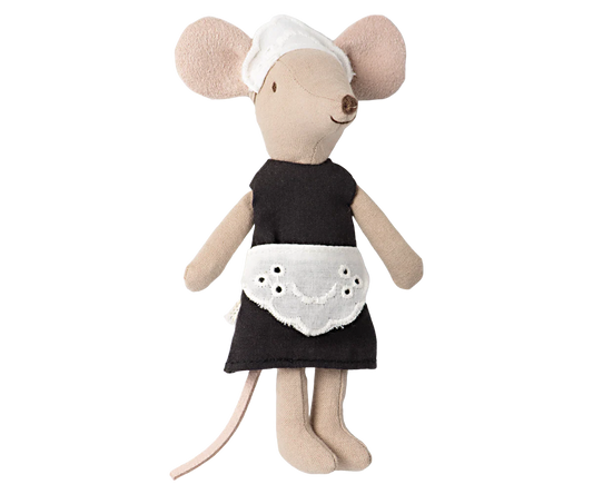 Stuffed mouse toy wearing a black dress with white apron on a white background