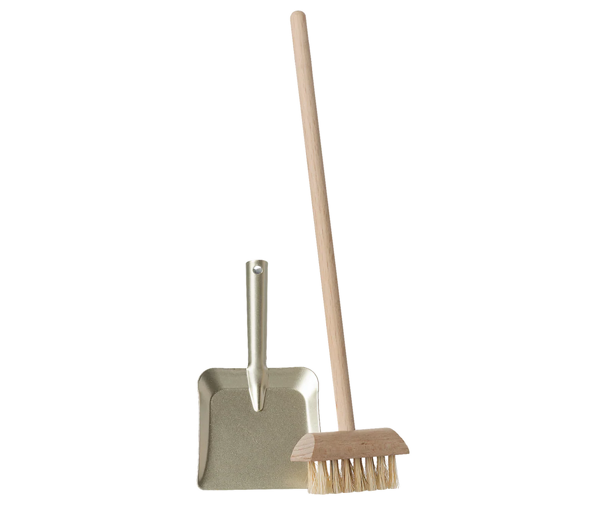 Miniature Cleaning tools including a broom and dustpan on a white background for Maileg Dollhouse 