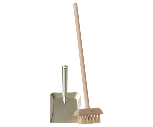 Miniature Cleaning tools including a broom and dustpan on a white background for Maileg Dollhouse 