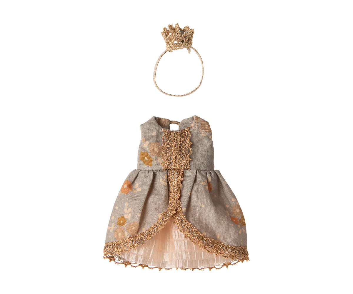 Mouse Toy dress with gold accents and a matching crown on a white background