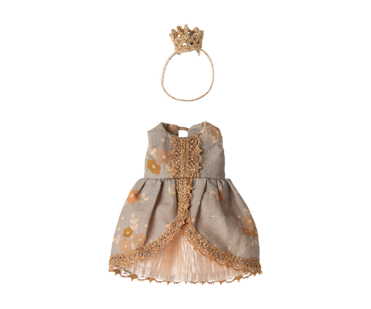 Mouse Toy dress with gold accents and a matching crown on a white background