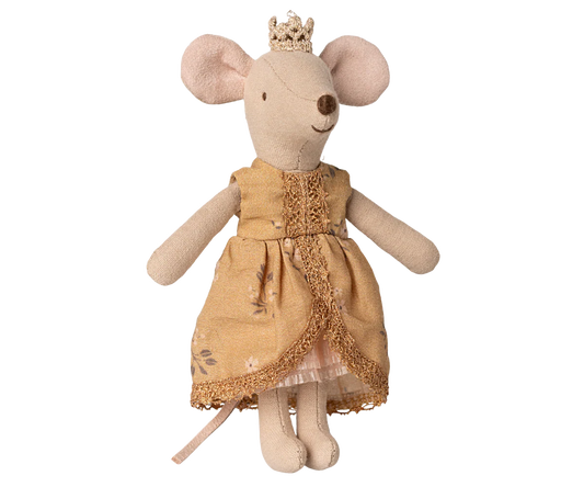 Stuffed mouse toy wearing a yellow dress and crown on a white background