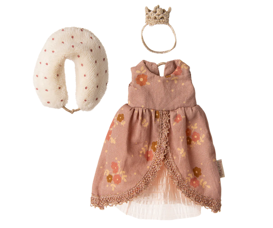 Maileg mouse dress with floral pattern, white headband, and beige pillow on a white background