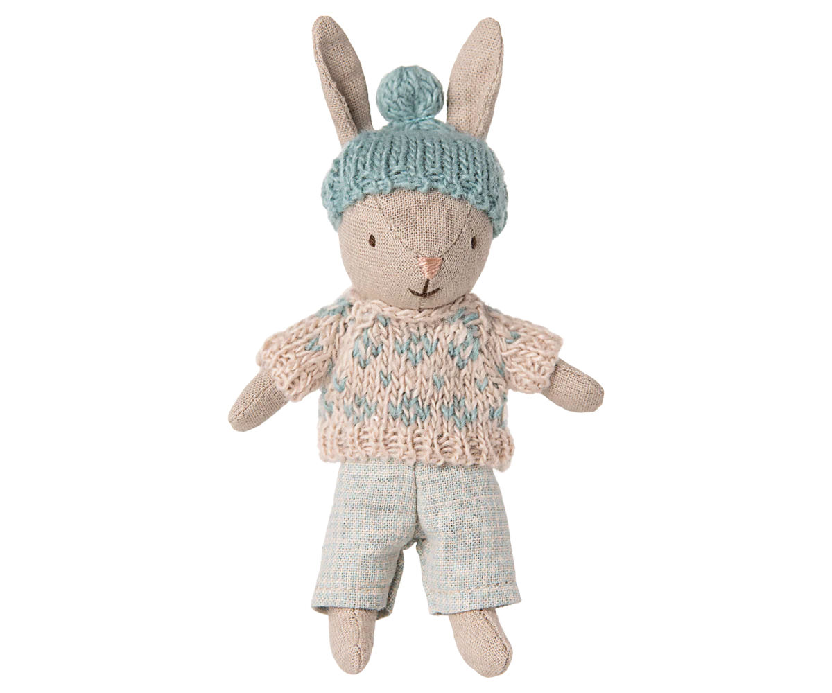 Toy Rabbit in knitted sweater and a hat on white background