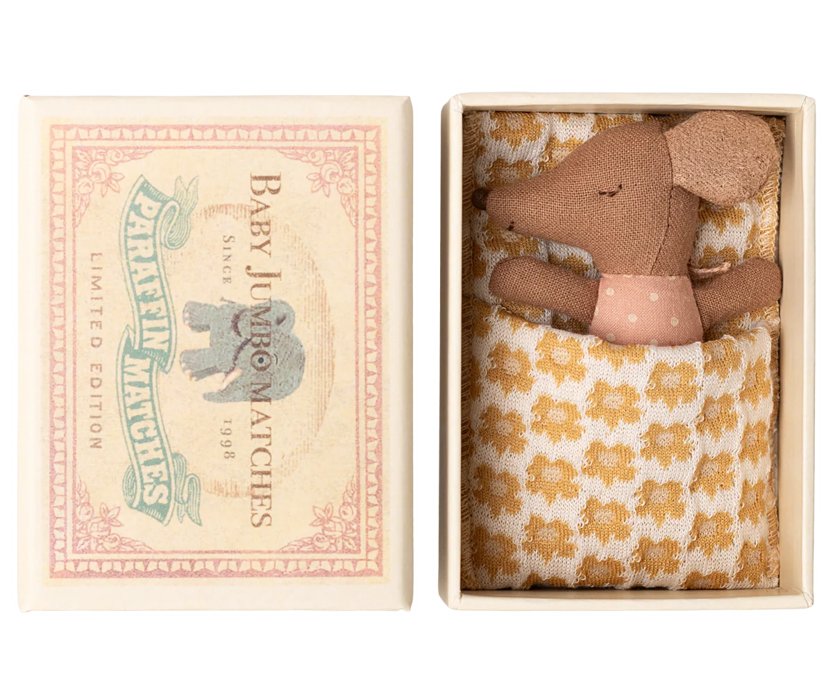 Maileg Sleepy Wakey Baby Mouse in Rose Matchbox on a white background 