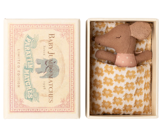 Maileg Sleepy Wakey Baby Mouse in Rose Matchbox on a white background 