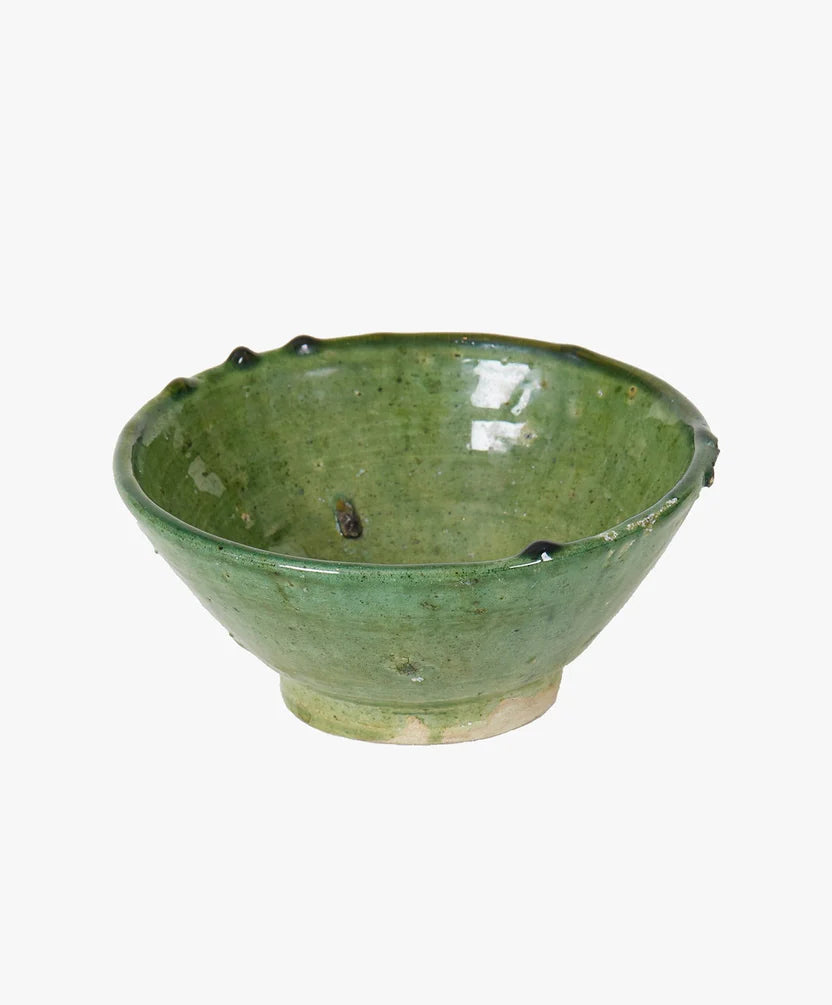 Moroccan White Vintage Tamegroute Green Glazed Bowls