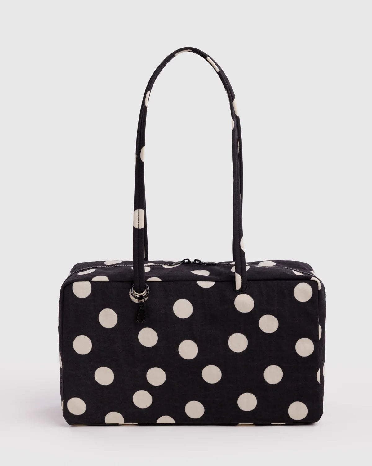 BAGGU Medium Nylon Bowler Bag in Black and Cream Polka Dot design on a white background 