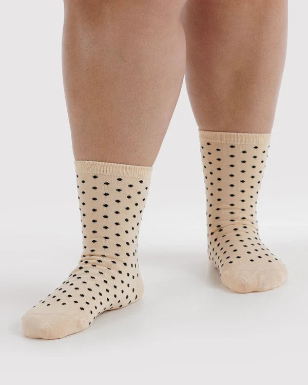 BAGGU Crew Socks - Micro Cream and Black Polka Dot