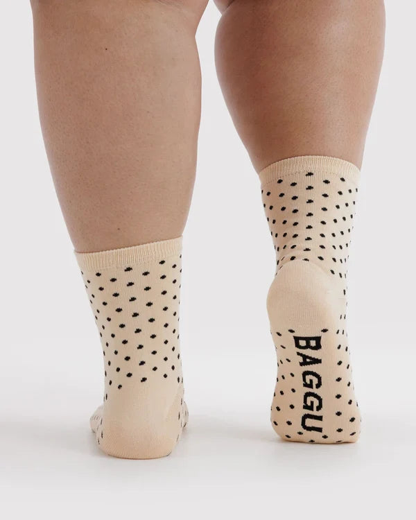 BAGGU Crew Socks - Micro Cream and Black Polka Dot
