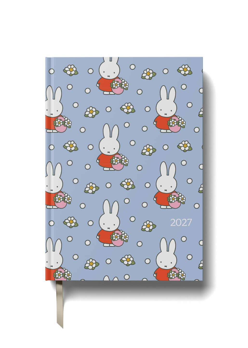 A 2027 daily planner with a light blue cover featuring a repeating pattern of the character Miffy holding flowers, complete with a white ribbon bookmark.