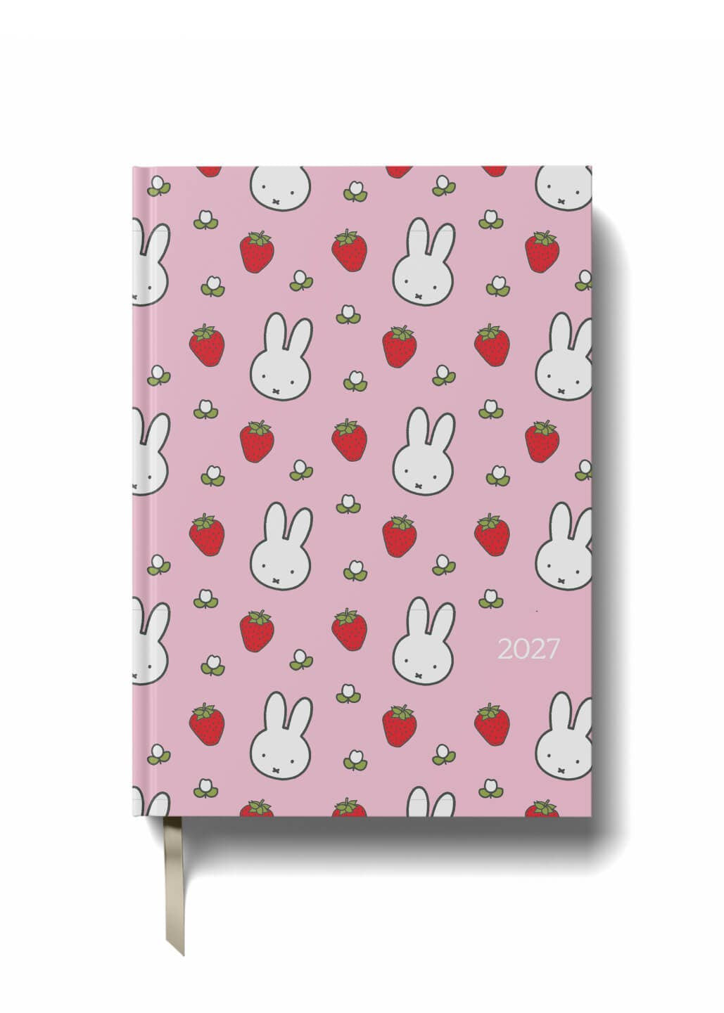 Pink notebook with white bunny and strawberry pattern on a white background