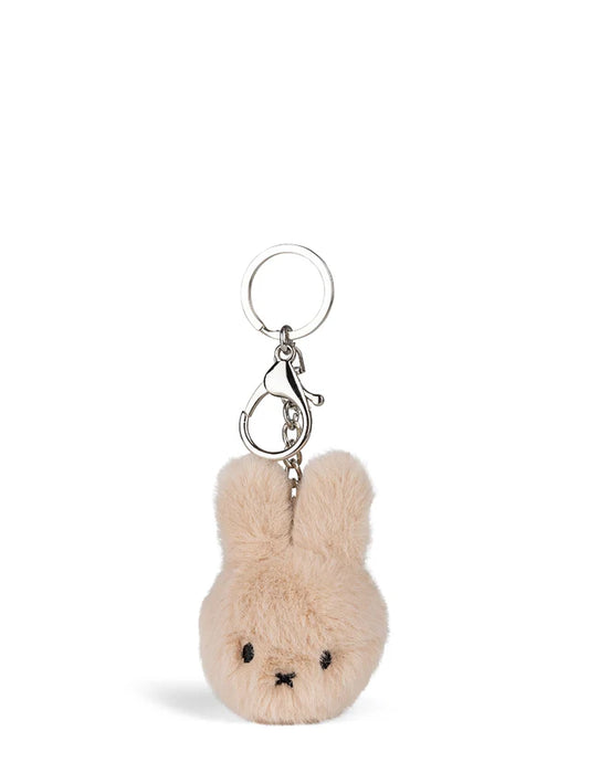 Plush bunny keychain with a metal ring on a white background