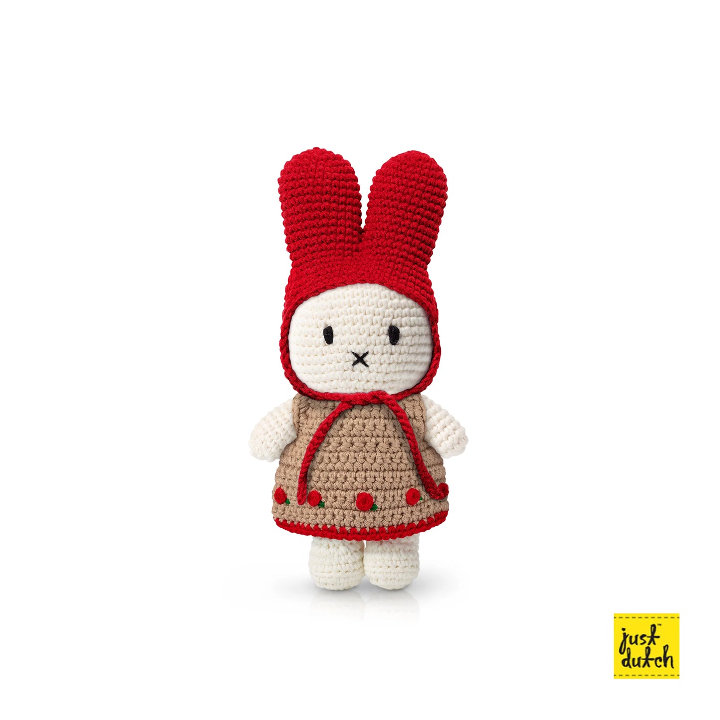 White Miffy Rabbit Handmade Crochet wearing and Her Roses Dress Red Hat on a white background