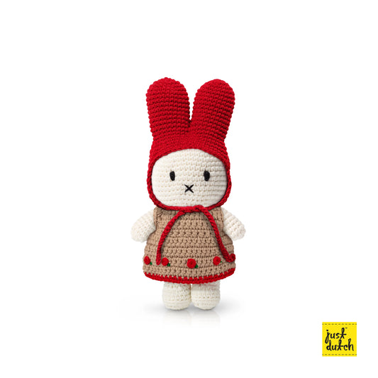 White Miffy Rabbit Handmade Crochet wearing and Her Roses Dress Red Hat on a white background