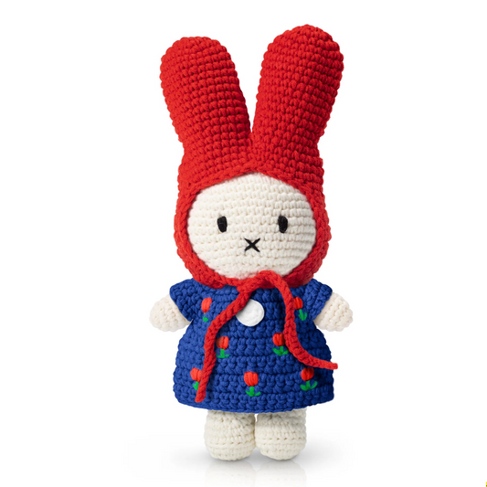 crochet miffy in navy dress and red hat