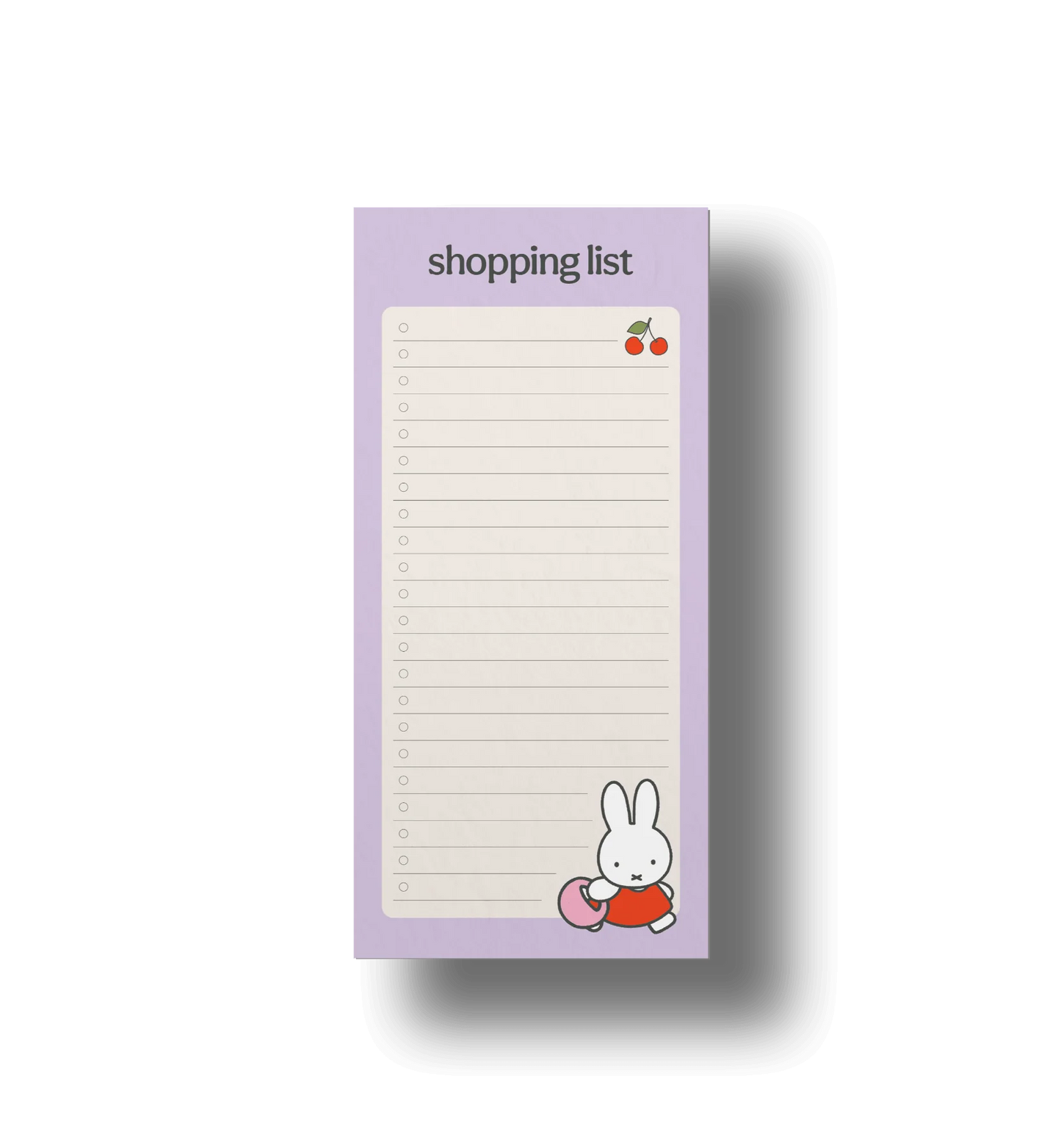A lavender shopping list notepad featuring a lined writing area, a small cherries icon at the top right, and a white bunny character holding a red bag at the bottom right, shown on a white background with a soft drop shadow.
