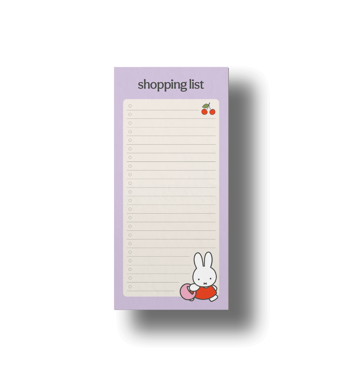 A lavender shopping list notepad featuring a lined writing area, a small cherries icon at the top right, and a white bunny character holding a red bag at the bottom right, shown on a white background with a soft drop shadow.