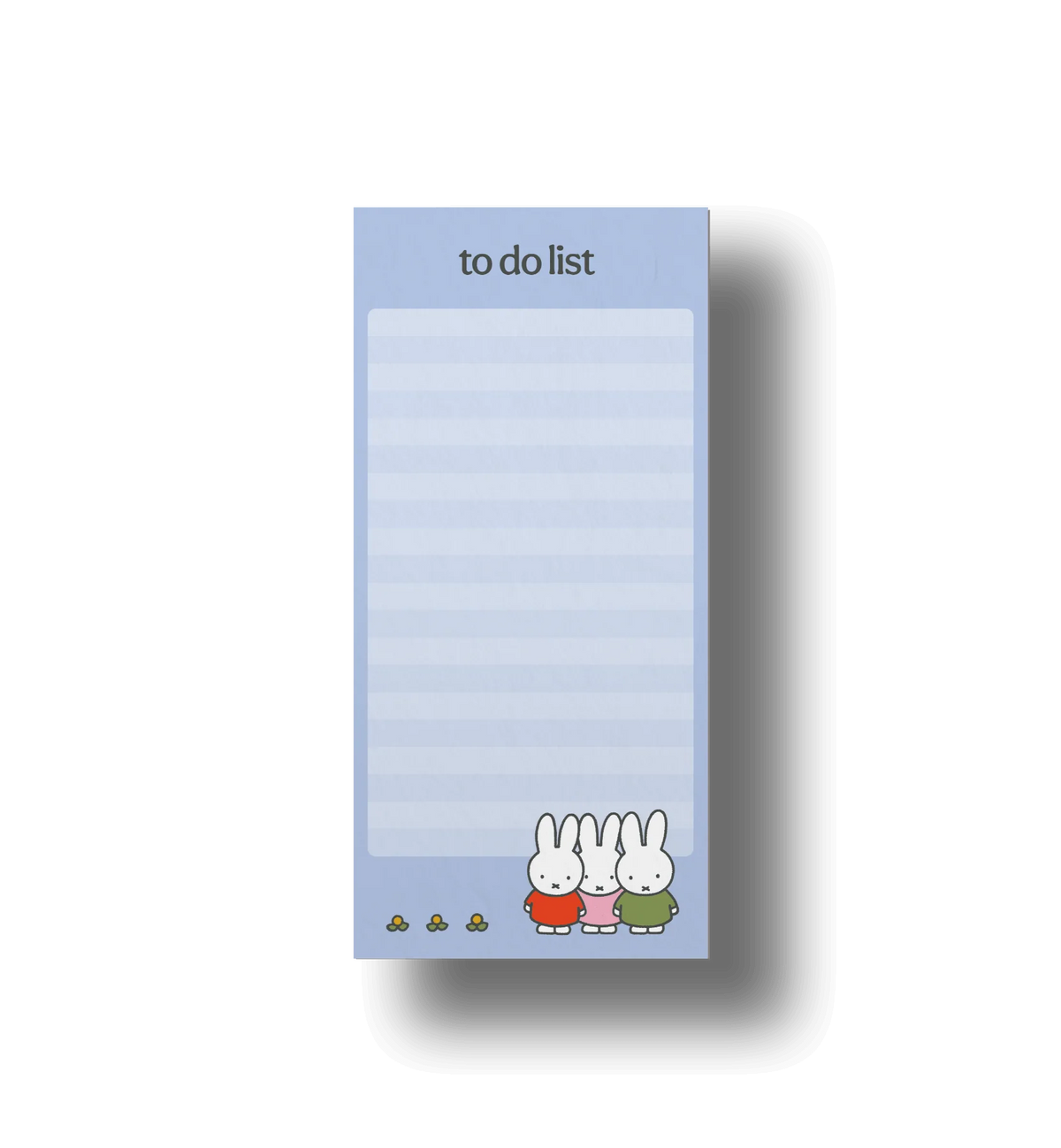 A vertical to-do list notepad with a light blue background, featuring the text 'to do list' at the top, a large lined writing area, and three small cartoon rabbits at the bottom. The notepad is shown on a white background with a soft drop shadow.