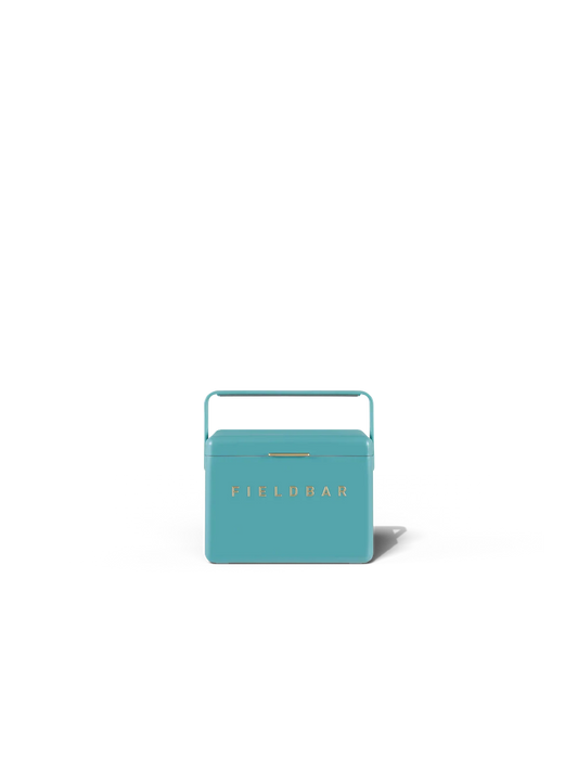 FIELDBAR The Mini Bar in blue colour with gold logo on the front on the white background