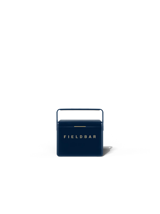 Navy blue cooler box with 'FIELDBAR' branding on a white background