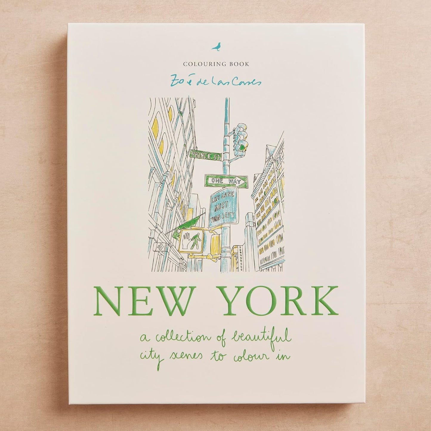 A square hardcover colouring book titled 'NEW YORK' by Ba El San Carlos, featuring a hand-drawn cityscape illustration on the cover, set against a light beige textured background.