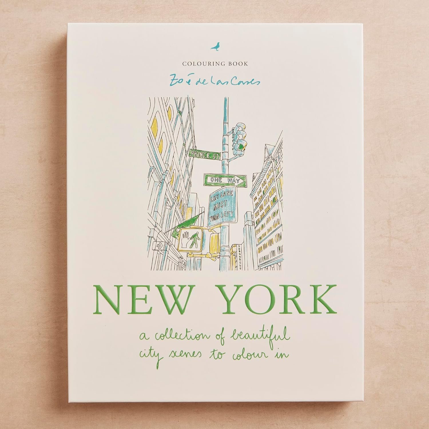A square hardcover colouring book titled 'NEW YORK' by Ba El San Carlos, featuring a hand-drawn cityscape illustration on the cover, set against a light beige textured background.